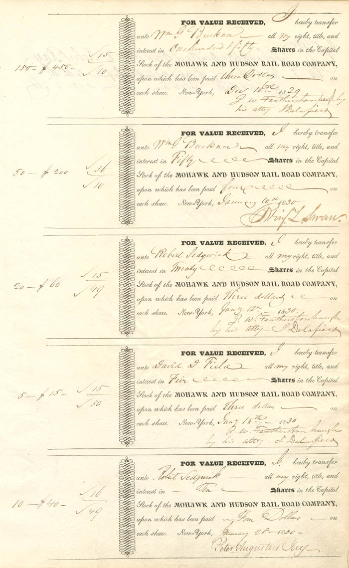 Mohawk and Hudson Rail Road Co. signed by Peter Augustus Jay